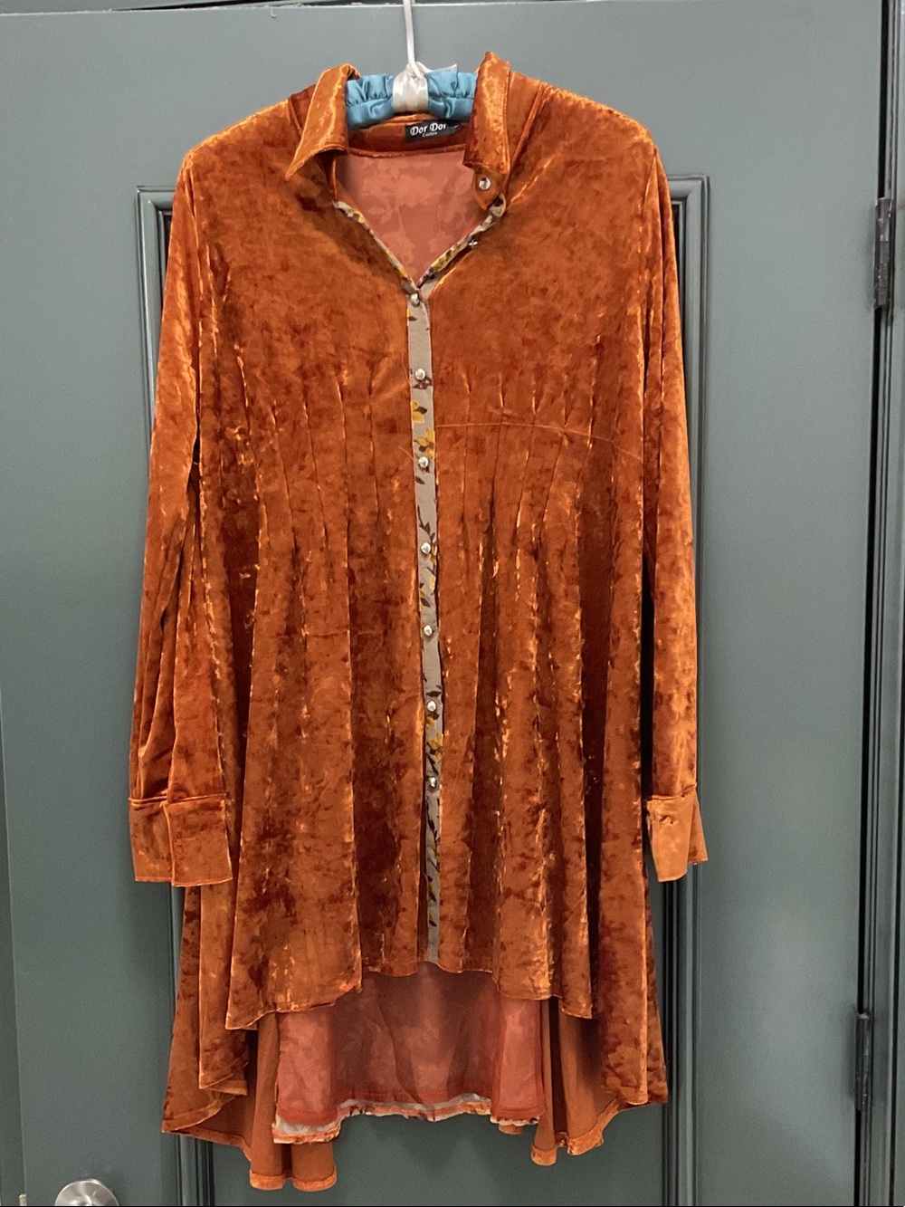 Luxurious Rust Crushed Velvet Button-Front  hi-low Tunic by Dor Dor Couture